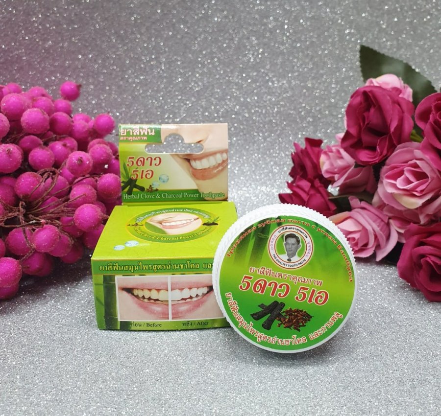 Тайская круглая отбеливающая зубная паста с Бамбуковым Углем 5 STAR 5A Herbal Clove & Charcoal Power Toothpaste 25 гр. паста зубная с бамбуком из Тайланда